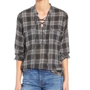 Madewell Terrace Lace up Shirt Black Plaid